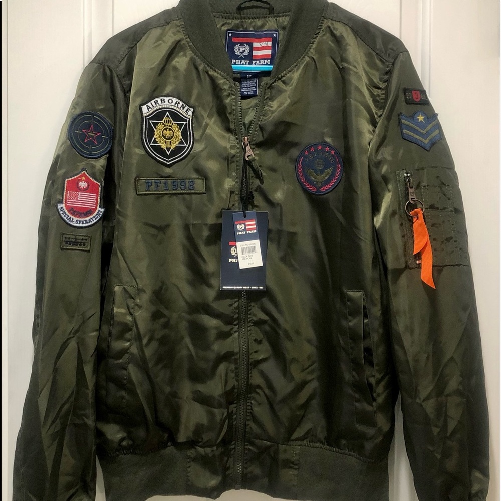 VINTAGE PHAT FARM Flight Bomber Jacket. Olive Green with Patches. NWT.